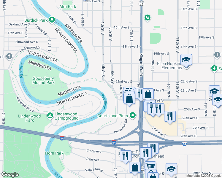 map of restaurants, bars, coffee shops, grocery stores, and more near 2211 South Rivershore Drive in Moorhead