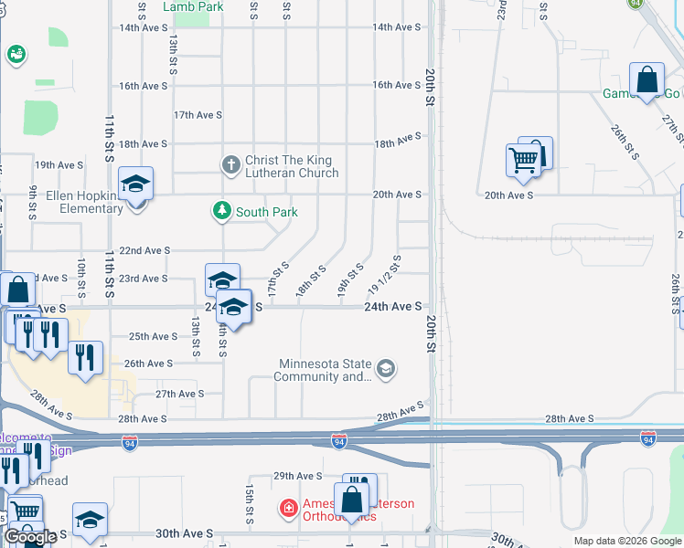 map of restaurants, bars, coffee shops, grocery stores, and more near 2215 19th Street South in Moorhead