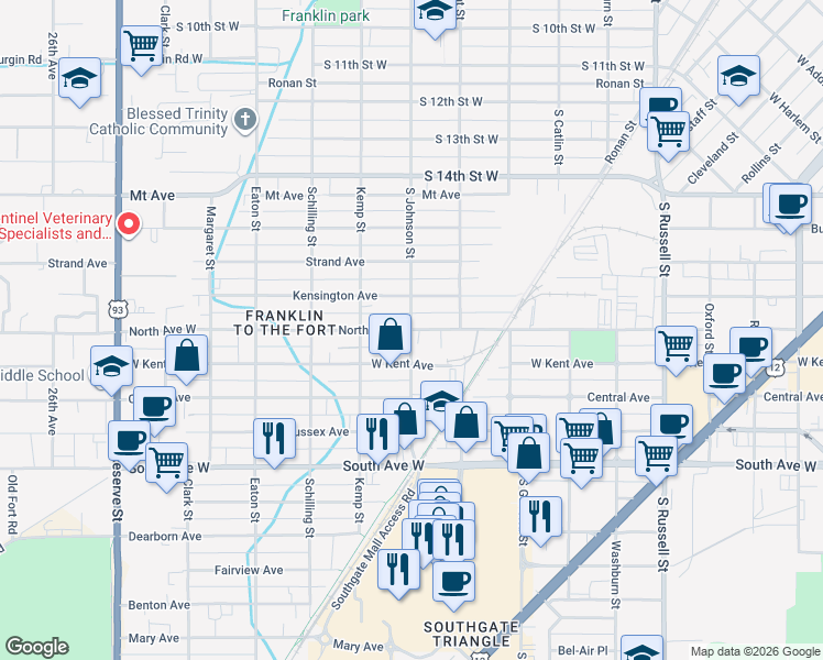 map of restaurants, bars, coffee shops, grocery stores, and more near 2003 South Johnson Street in Missoula