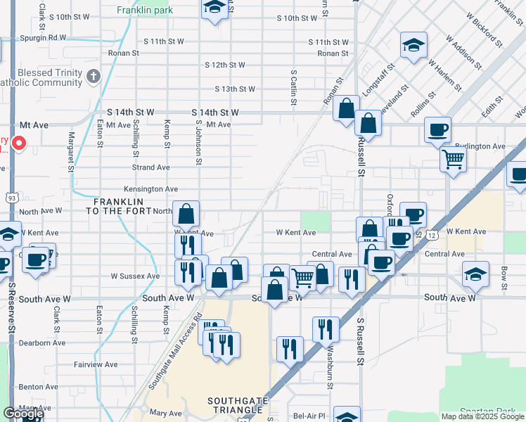 map of restaurants, bars, coffee shops, grocery stores, and more near 2000 South Garfield Street in Missoula
