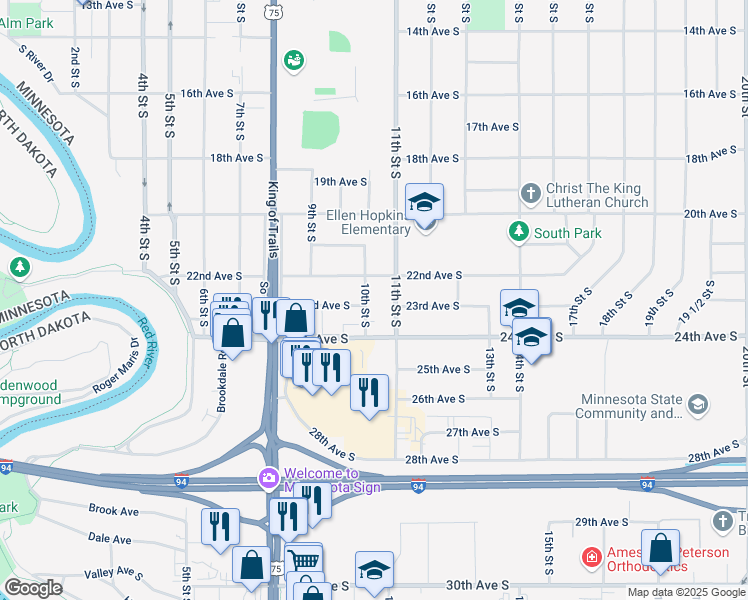map of restaurants, bars, coffee shops, grocery stores, and more near 2214 10th Street South in Moorhead