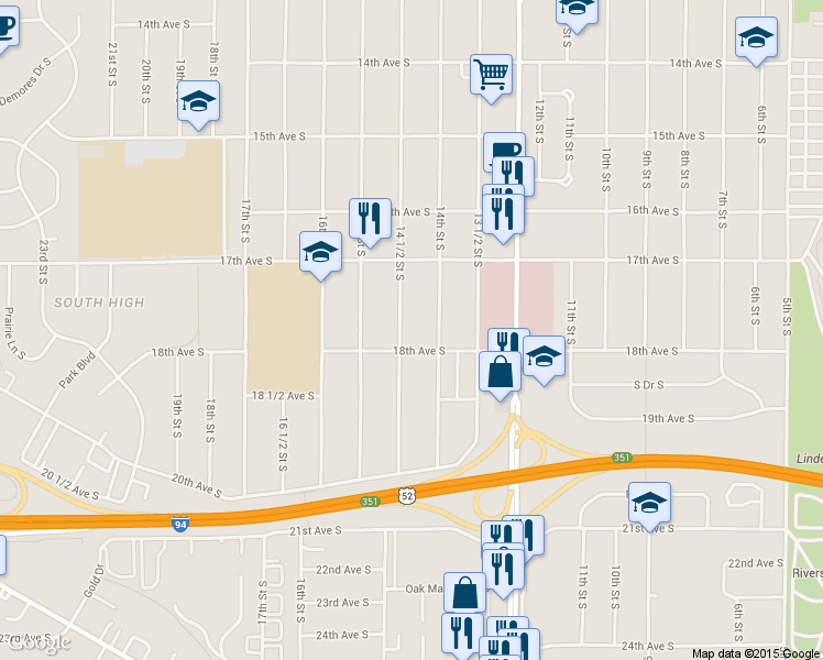 map of restaurants, bars, coffee shops, grocery stores, and more near 1742 14 1/2 Street South in Fargo