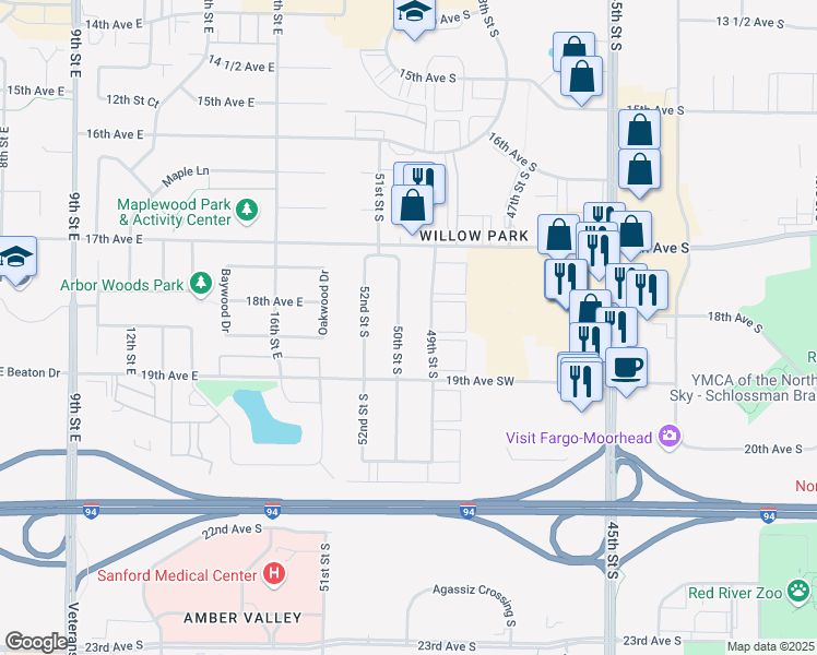 map of restaurants, bars, coffee shops, grocery stores, and more near 1816 50th Street South in Fargo