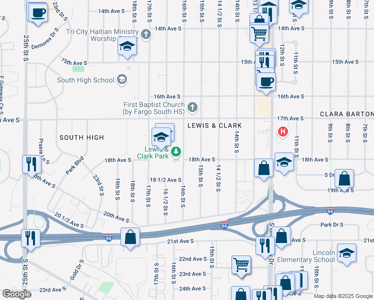 map of restaurants, bars, coffee shops, grocery stores, and more near 1742 16th Street South in Fargo