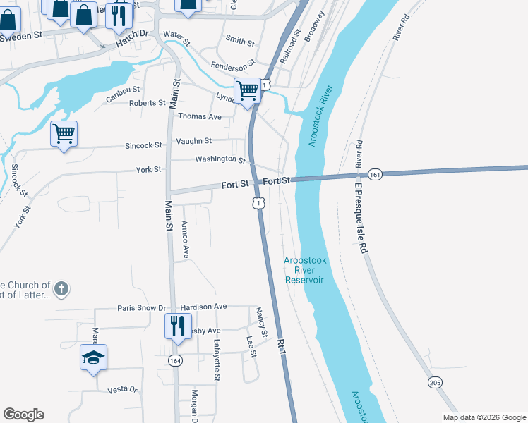 map of restaurants, bars, coffee shops, grocery stores, and more near 16 Patten Street in Caribou