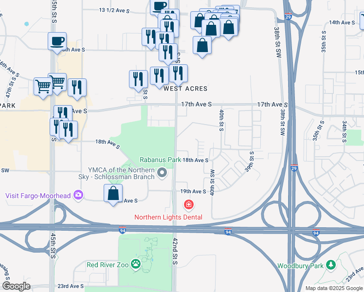 map of restaurants, bars, coffee shops, grocery stores, and more near 1760 42nd Street South in Fargo