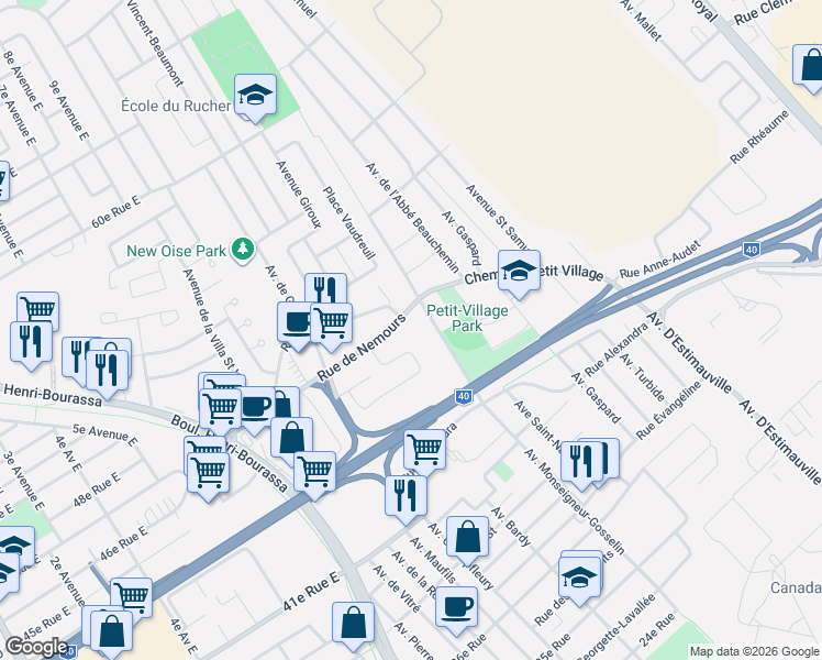 map of restaurants, bars, coffee shops, grocery stores, and more near 4420 Monelier Road in Québec City