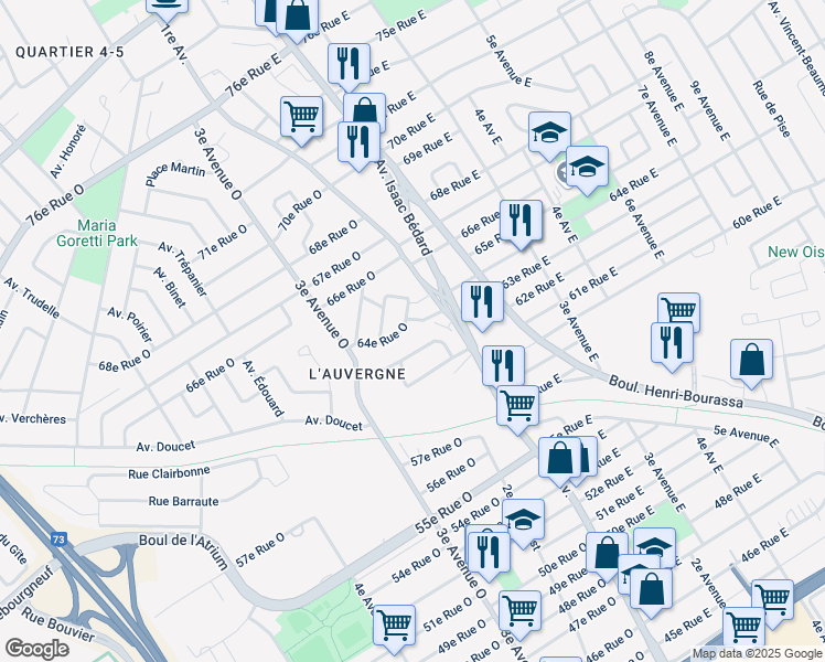 map of restaurants, bars, coffee shops, grocery stores, and more near 170 64e Rue Ouest in Québec
