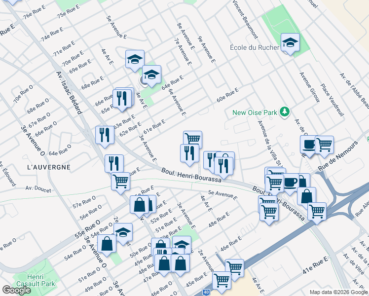 map of restaurants, bars, coffee shops, grocery stores, and more near 5380 Boulevard Henri-Bourassa in Québec