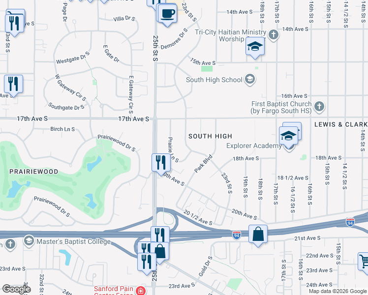 map of restaurants, bars, coffee shops, grocery stores, and more near 1743 23rd Street South in Fargo