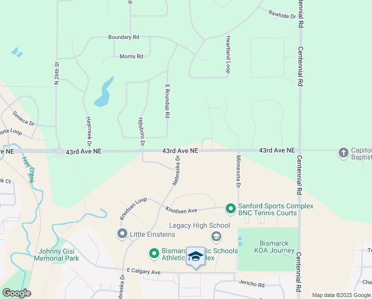 map of restaurants, bars, coffee shops, grocery stores, and more near 3300 43rd Avenue Northeast in Bismarck
