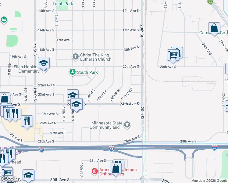 map of restaurants, bars, coffee shops, grocery stores, and more near 2215 19th Street South in Moorhead