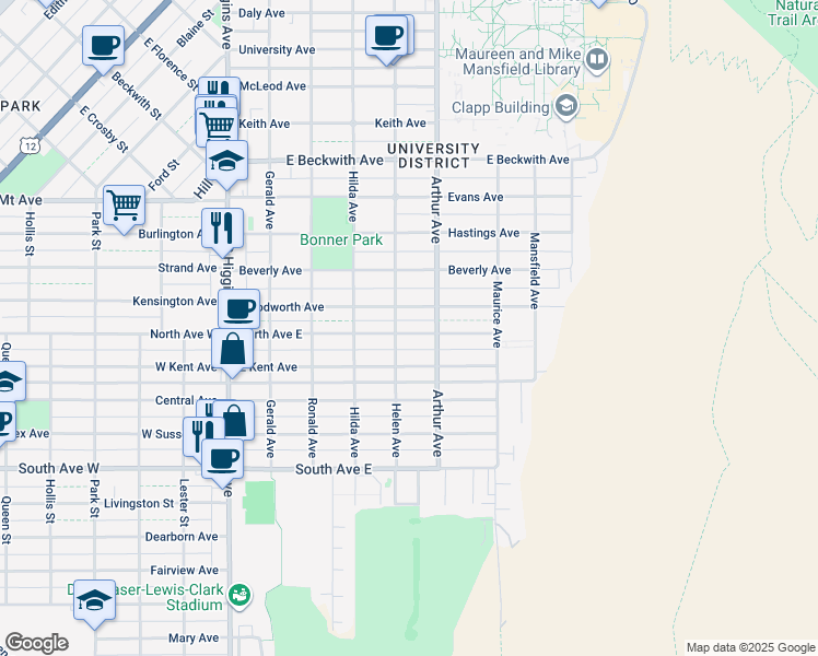 map of restaurants, bars, coffee shops, grocery stores, and more near 440 North Avenue East in Missoula