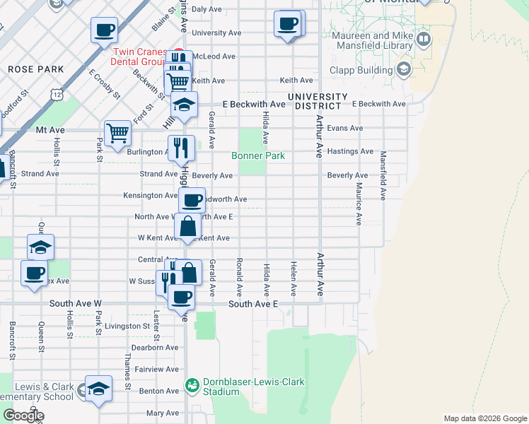 map of restaurants, bars, coffee shops, grocery stores, and more near 340 North Avenue East in Missoula