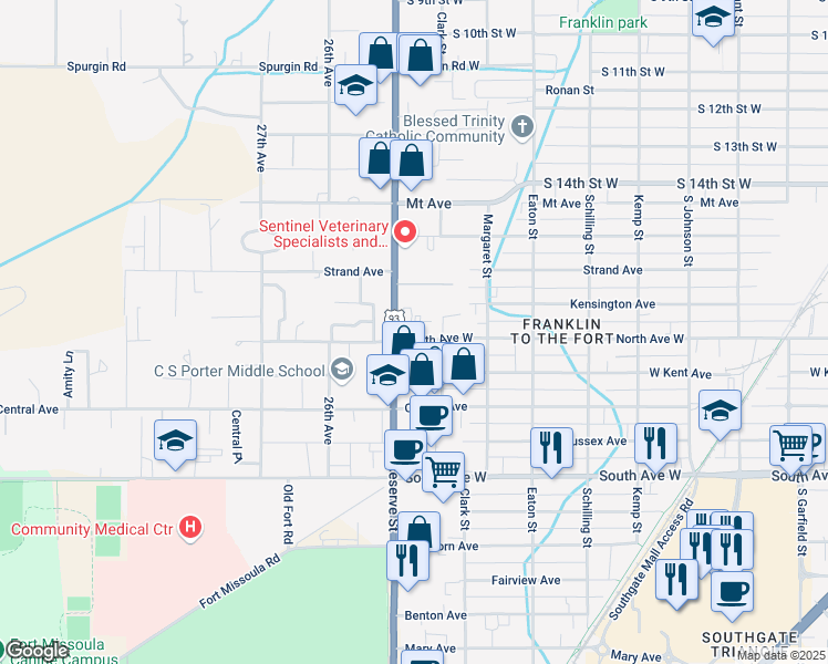 map of restaurants, bars, coffee shops, grocery stores, and more near 2432 North Avenue West in Missoula