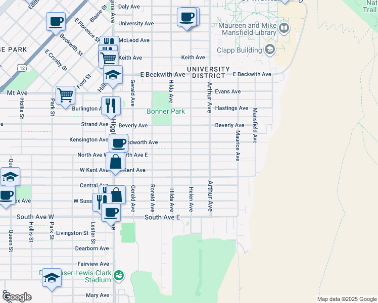 map of restaurants, bars, coffee shops, grocery stores, and more near 440 North Ave East in Missoula