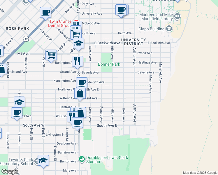 map of restaurants, bars, coffee shops, grocery stores, and more near 340 North Avenue East in Missoula