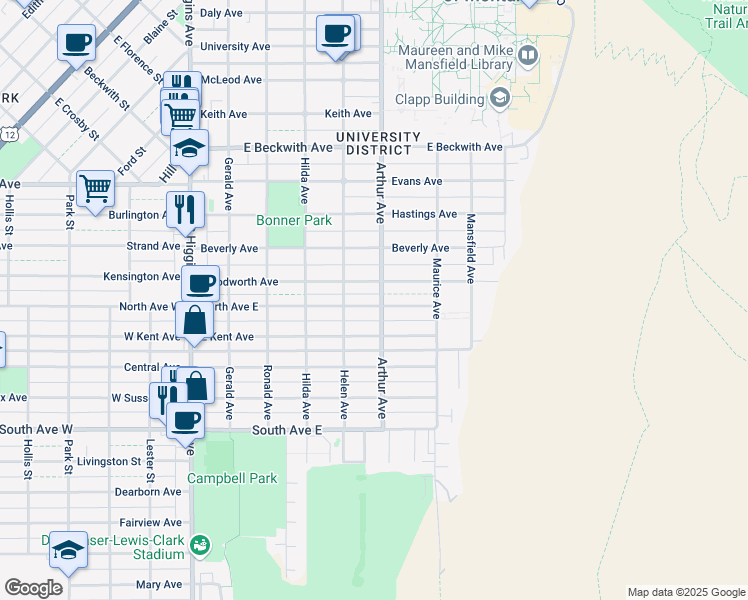map of restaurants, bars, coffee shops, grocery stores, and more near 540 North Avenue East in Missoula