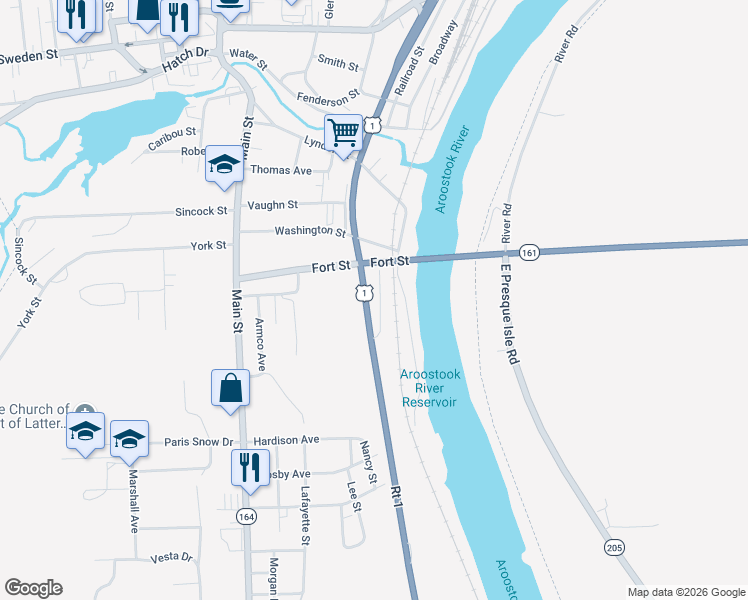 map of restaurants, bars, coffee shops, grocery stores, and more near 16 Patten Street in Caribou