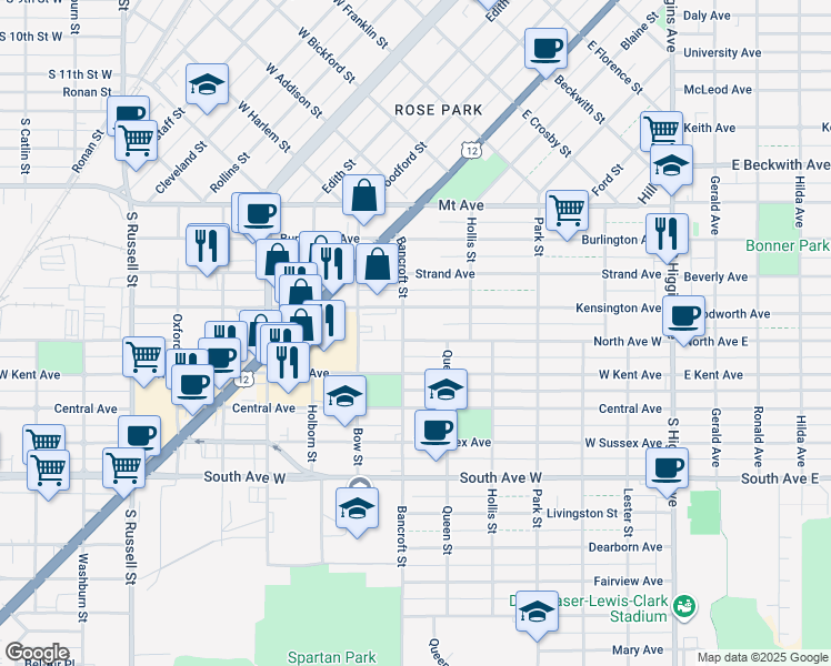 map of restaurants, bars, coffee shops, grocery stores, and more near 692 North Avenue West in Missoula
