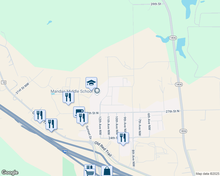 map of restaurants, bars, coffee shops, grocery stores, and more near 3011 Cottagewood Drive Northwest in Mandan