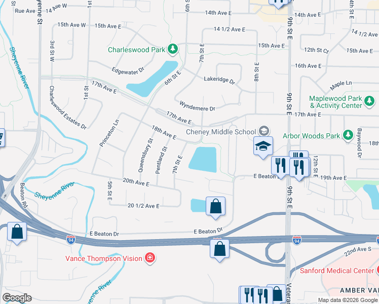 map of restaurants, bars, coffee shops, grocery stores, and more near 1819 7th Street East in West Fargo