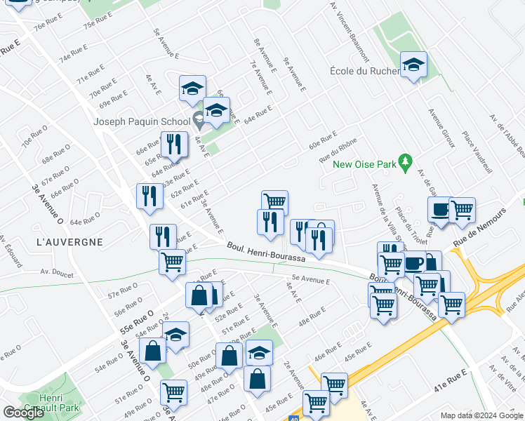 map of restaurants, bars, coffee shops, grocery stores, and more near 5380 Boulevard Henri-Bourassa in Québec