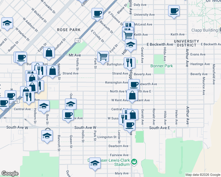 map of restaurants, bars, coffee shops, grocery stores, and more near 200 North Avenue West in Missoula