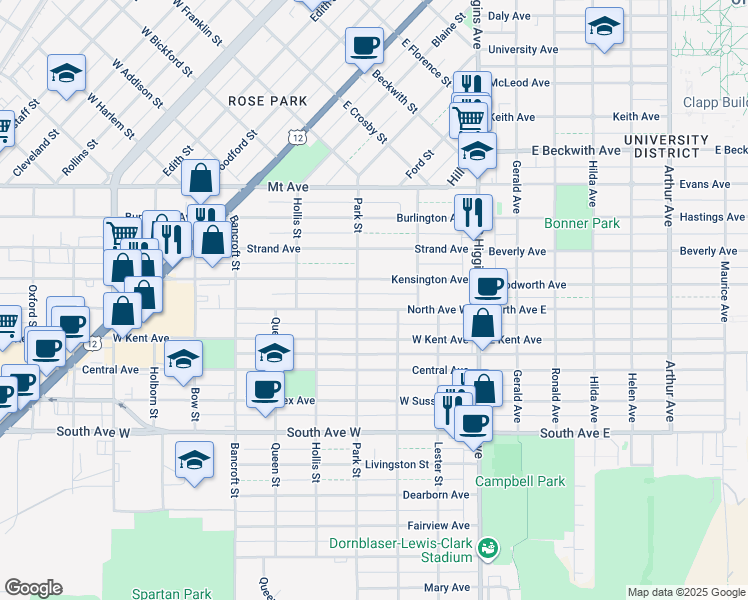 map of restaurants, bars, coffee shops, grocery stores, and more near 334 North Avenue West in Missoula
