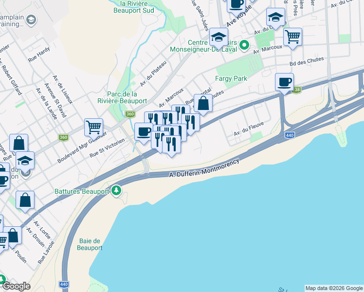 map of restaurants, bars, coffee shops, grocery stores, and more near 3420 Boulevard Sainte-Anne in Quã©Bec