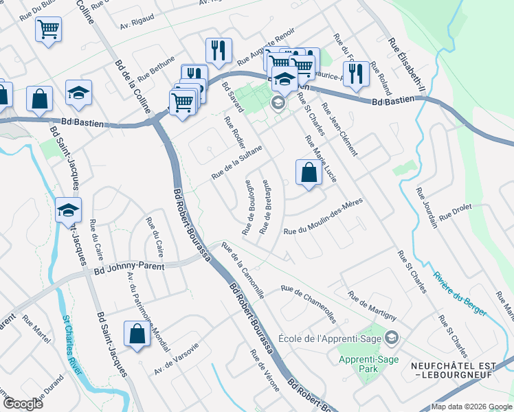 map of restaurants, bars, coffee shops, grocery stores, and more near 10220 Rue de Boulogne in Québec