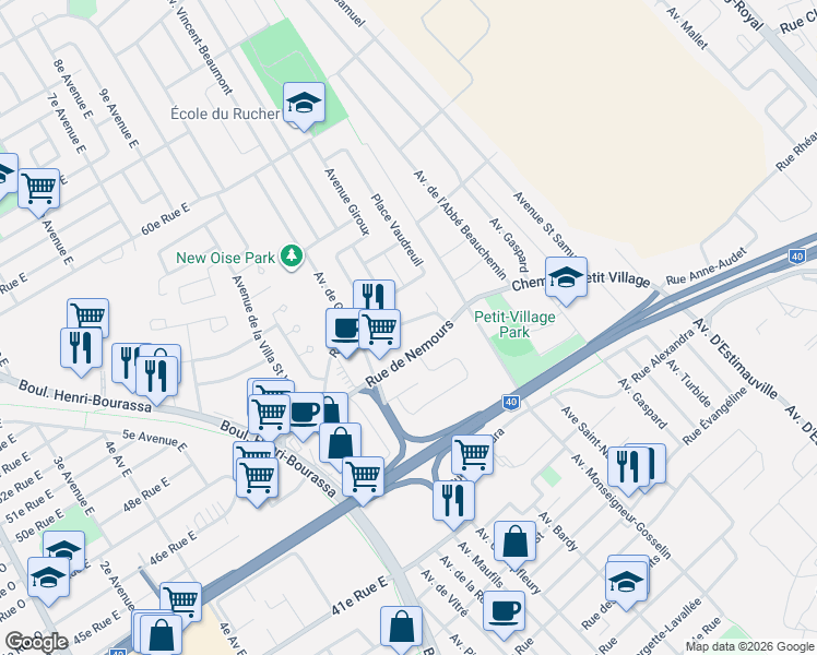 map of restaurants, bars, coffee shops, grocery stores, and more near 1060 Rue de l'Oise in Québec