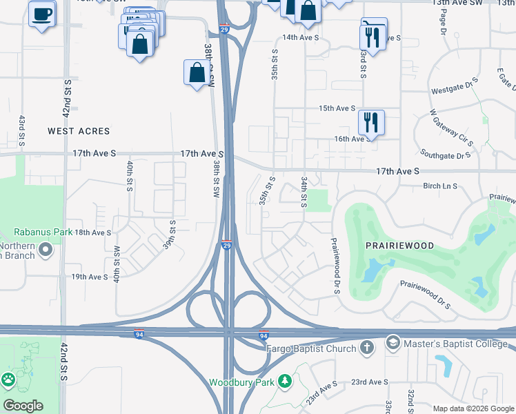 map of restaurants, bars, coffee shops, grocery stores, and more near 1709 35th Street South in Fargo