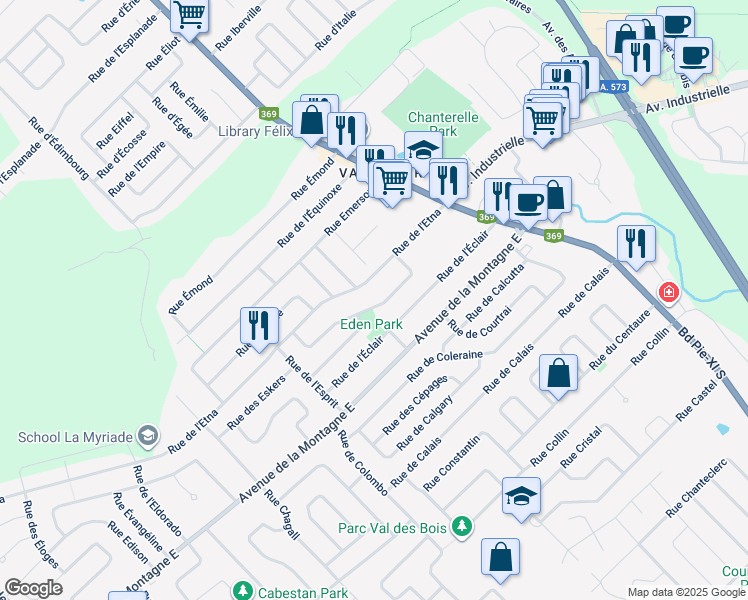 map of restaurants, bars, coffee shops, grocery stores, and more near 1390 Rue d'Europe in Ville de Québec