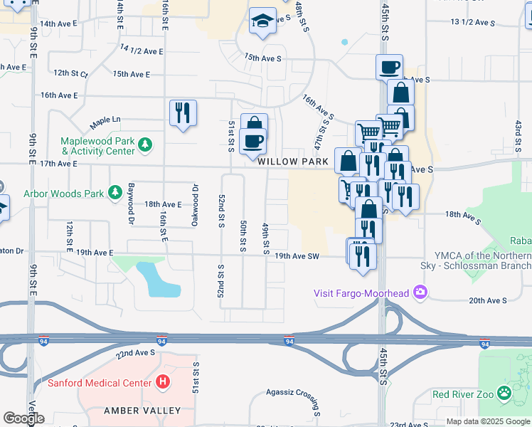 map of restaurants, bars, coffee shops, grocery stores, and more near 1750 49th Street South in Fargo