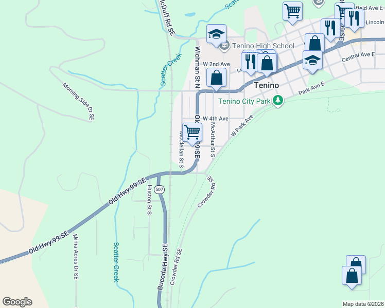 map of restaurants, bars, coffee shops, grocery stores, and more near 319 Washington 507 in Tenino