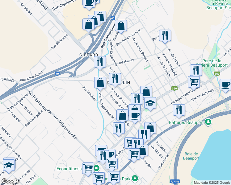 map of restaurants, bars, coffee shops, grocery stores, and more near 2366 Avenue Saint Édouard in Québec