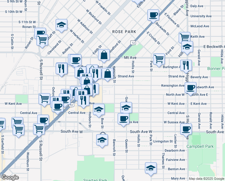 map of restaurants, bars, coffee shops, grocery stores, and more near 692-698 North Avenue West in Missoula