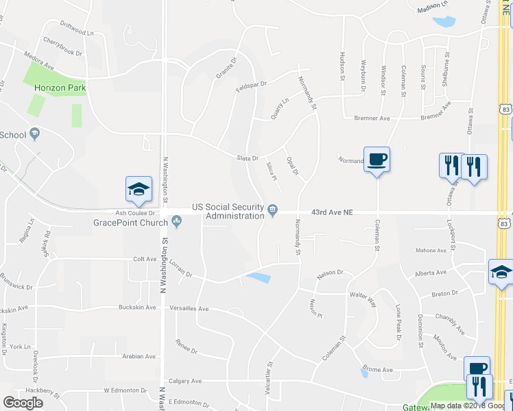 map of restaurants, bars, coffee shops, grocery stores, and more near 4300 Boulder Ridge Road in Bismarck