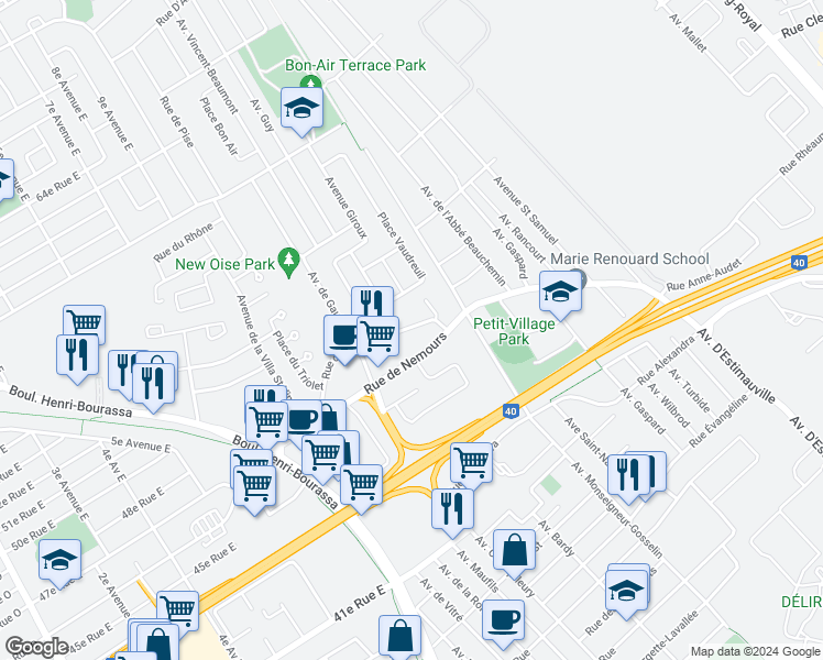 map of restaurants, bars, coffee shops, grocery stores, and more near 1070 Rue de l'Oise in Québec