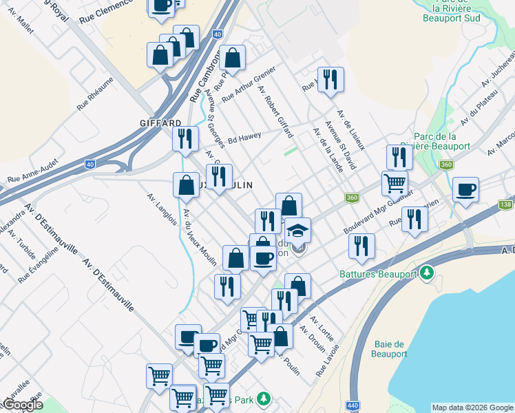 map of restaurants, bars, coffee shops, grocery stores, and more near 2301 Avenue Saint Georges in Québec