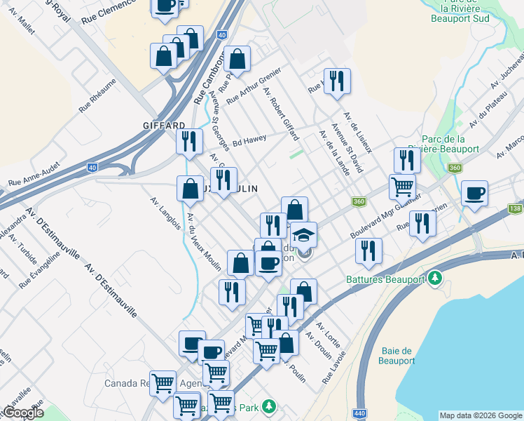 map of restaurants, bars, coffee shops, grocery stores, and more near 2301 Avenue Saint Georges in Québec