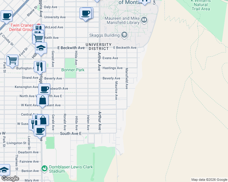 map of restaurants, bars, coffee shops, grocery stores, and more near 2000 Maurice Avenue in Missoula