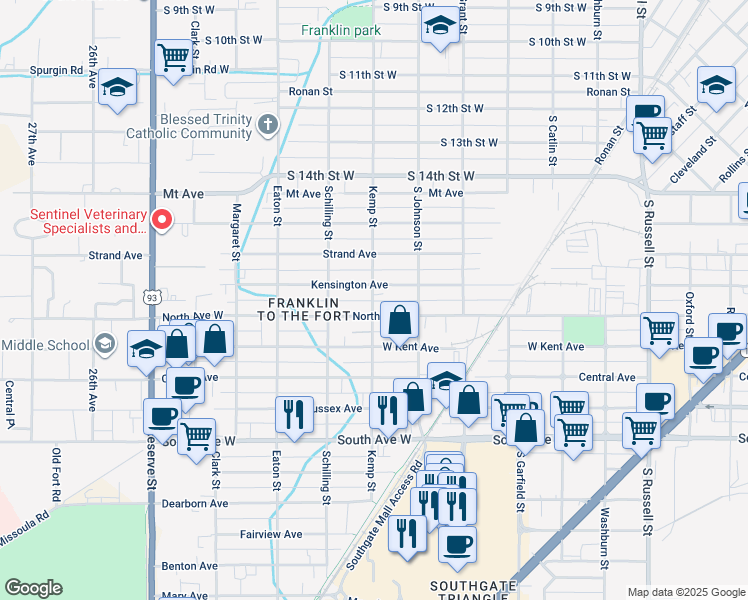 map of restaurants, bars, coffee shops, grocery stores, and more near in Missoula