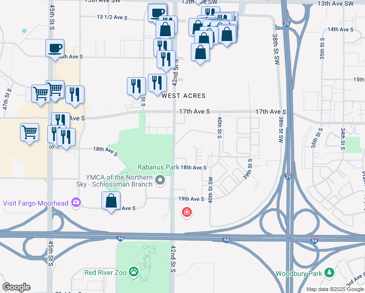 map of restaurants, bars, coffee shops, grocery stores, and more near 1760 42nd Street South in Fargo