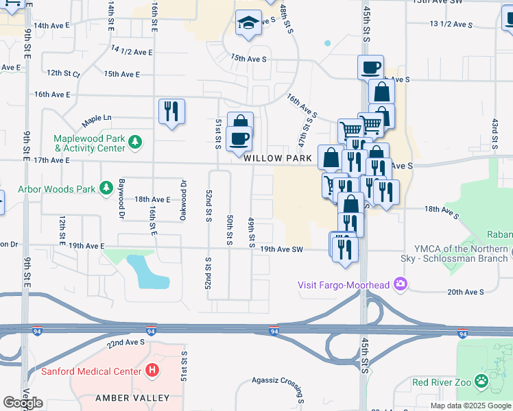 map of restaurants, bars, coffee shops, grocery stores, and more near 1750 49th Street South in Fargo
