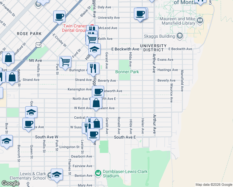 map of restaurants, bars, coffee shops, grocery stores, and more near 300-302 North Avenue East in Missoula