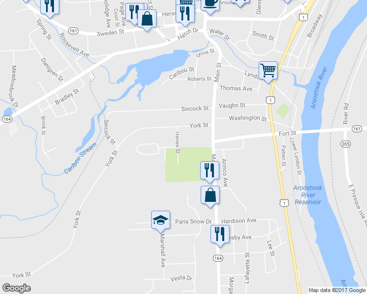 map of restaurants, bars, coffee shops, grocery stores, and more near 18 Haines Street in Caribou