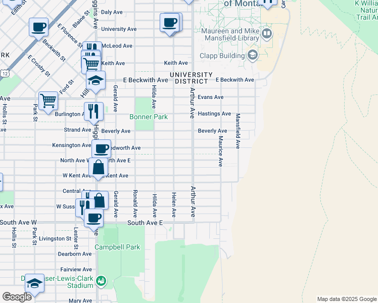 map of restaurants, bars, coffee shops, grocery stores, and more near 541 Woodworth Avenue in Missoula