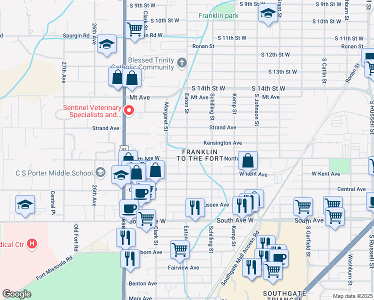 map of restaurants, bars, coffee shops, grocery stores, and more near 1942 Eaton Street in Missoula